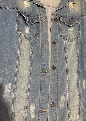 Düğmeli Mavi Uzun Denim Ceket - Görsel 2