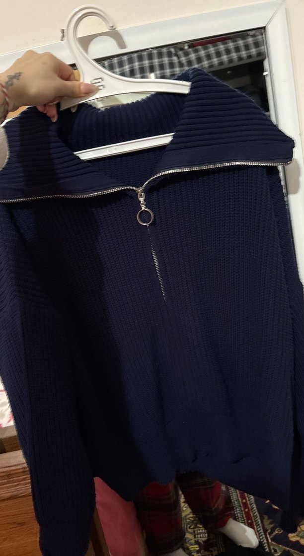 Lacivert Yarım Fermuarlı Örgü Kadın Kazak - Görsel 2