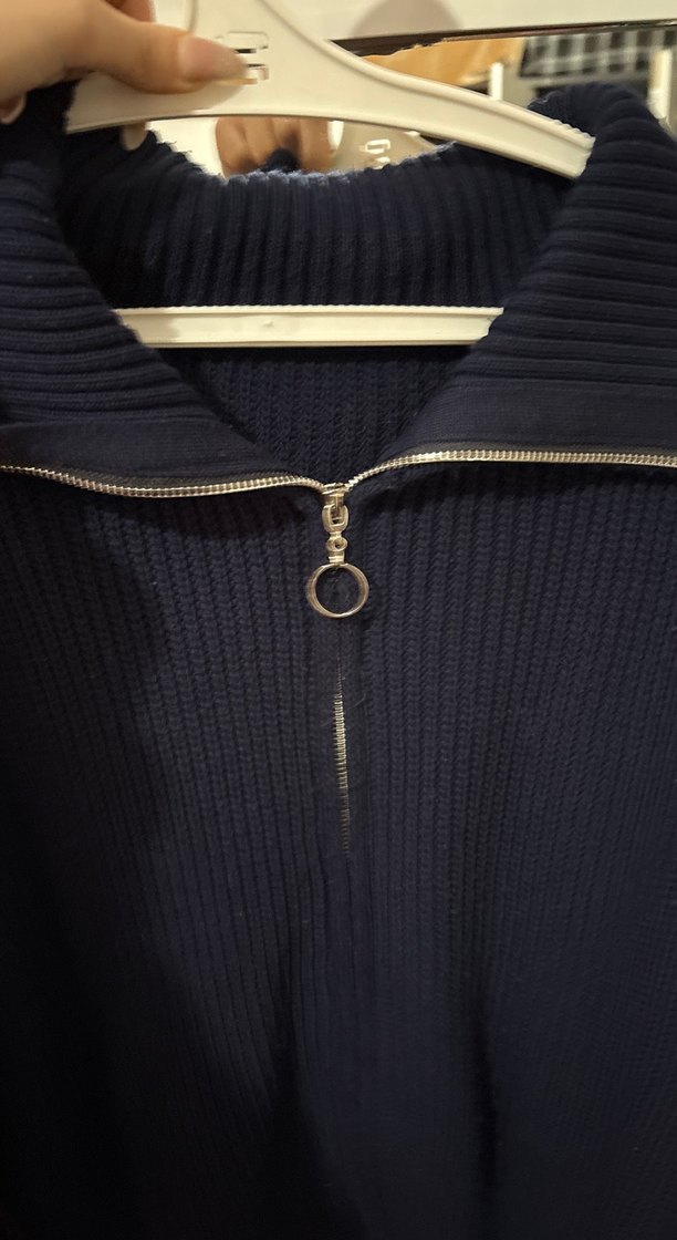 Lacivert Yarım Fermuarlı Örgü Kadın Kazak - Görsel 3