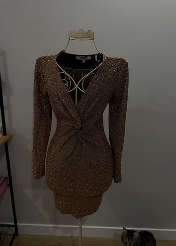 Koton Işıktılı dark gold parti nişan elbisesi