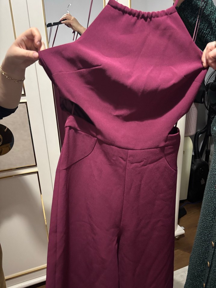 Bordo Parlak Midi Kadın Tulum - Görsel 4