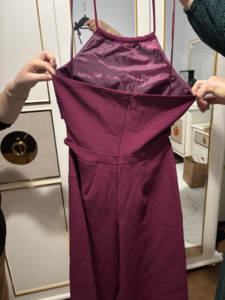 Bordo Parlak Midi Kadın Tulum - Görsel 3