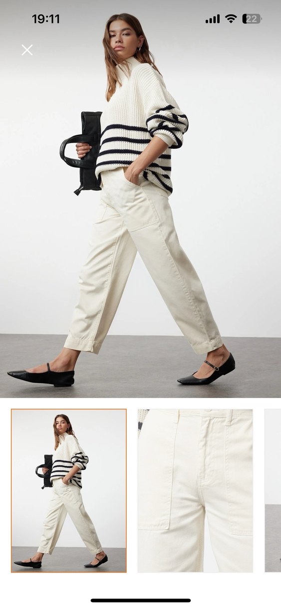 Beyaz ekru Kadın barrel pantolon - Görsel 2