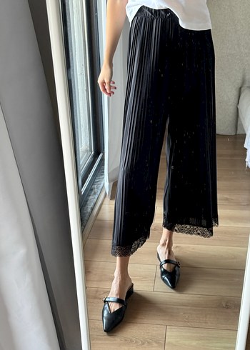 Zara Siyah Pilili Midi Kadın Saten Pantolon