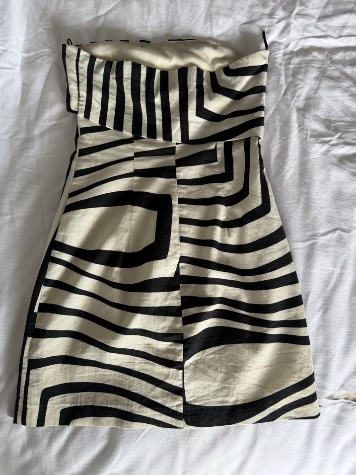 Ekru Beyaz Desenli %100 keten Zara mini Elbise - Görsel 2