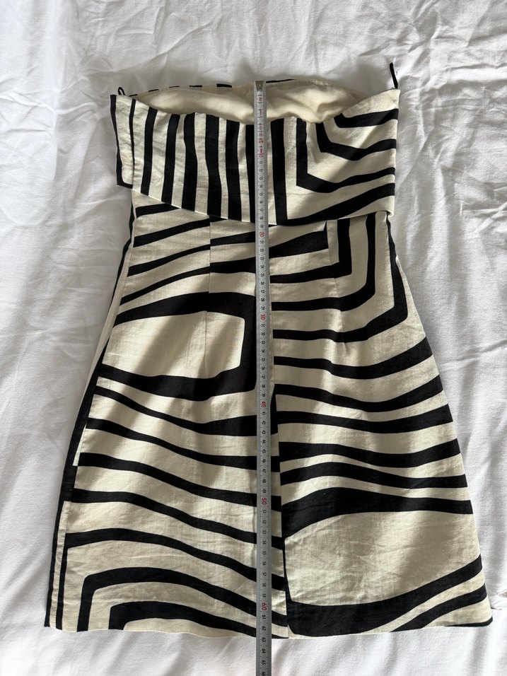 Ekru Beyaz Desenli %100 keten Zara mini Elbise - Görsel 5