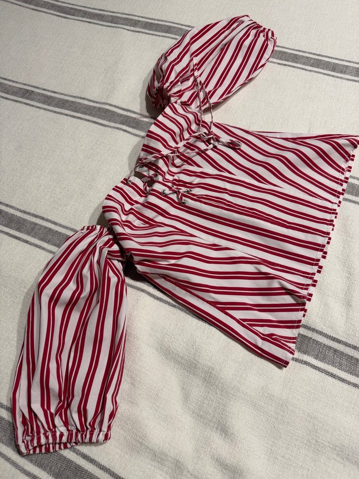 Kırmızı Çizgili Strappy Bluz - Görsel 2