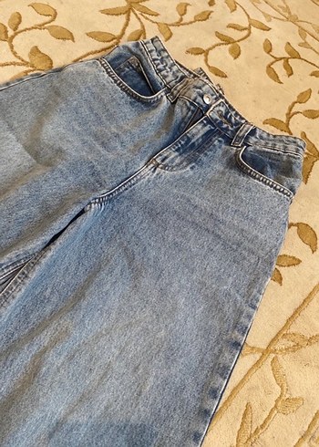 diğer Beden mavi Renk Kadın Gri Mavi Bel Detaylı Bol Kesim Kot Pantolon