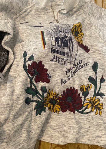 Gri Çiçek Baskılı Fermuarlı Uzun Kollu Sweatshirt