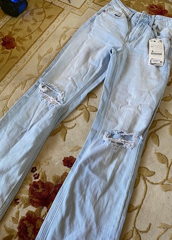 34 Beden Düğmeli, Rahat Kesim Mavi Tie-Dye Kadın Kot Pantolon