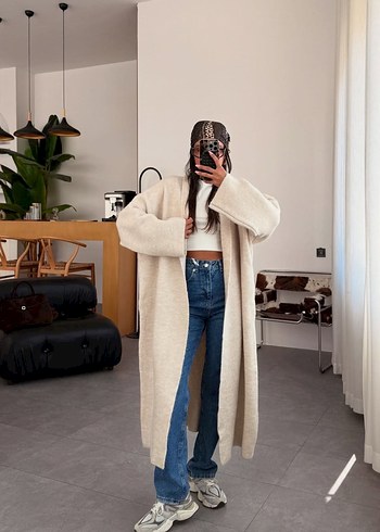 Kadın Midi Uzunlukta Oversize Bej Kaban