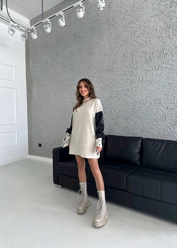 Gri Kadın Mini Deri Kollu Tunik Elbise