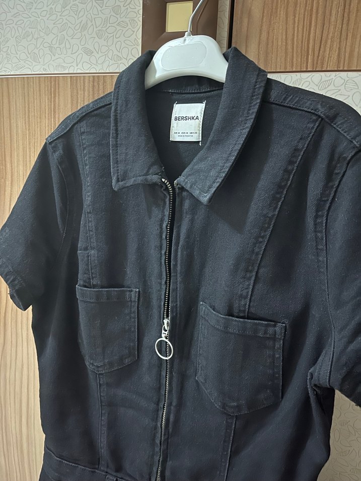 Siyah Kemerli Kısa Denim Tulum - Görsel 2