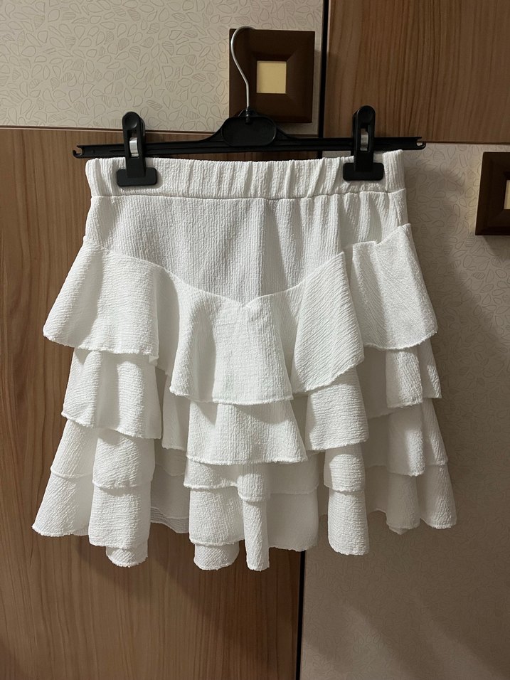 Beyaz Fırfırlı Mini Keten Etek - Görsel 2