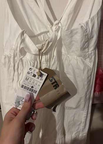 Stradivarius Beyaz Askılı Midi Kot Elbise - Görsel 5