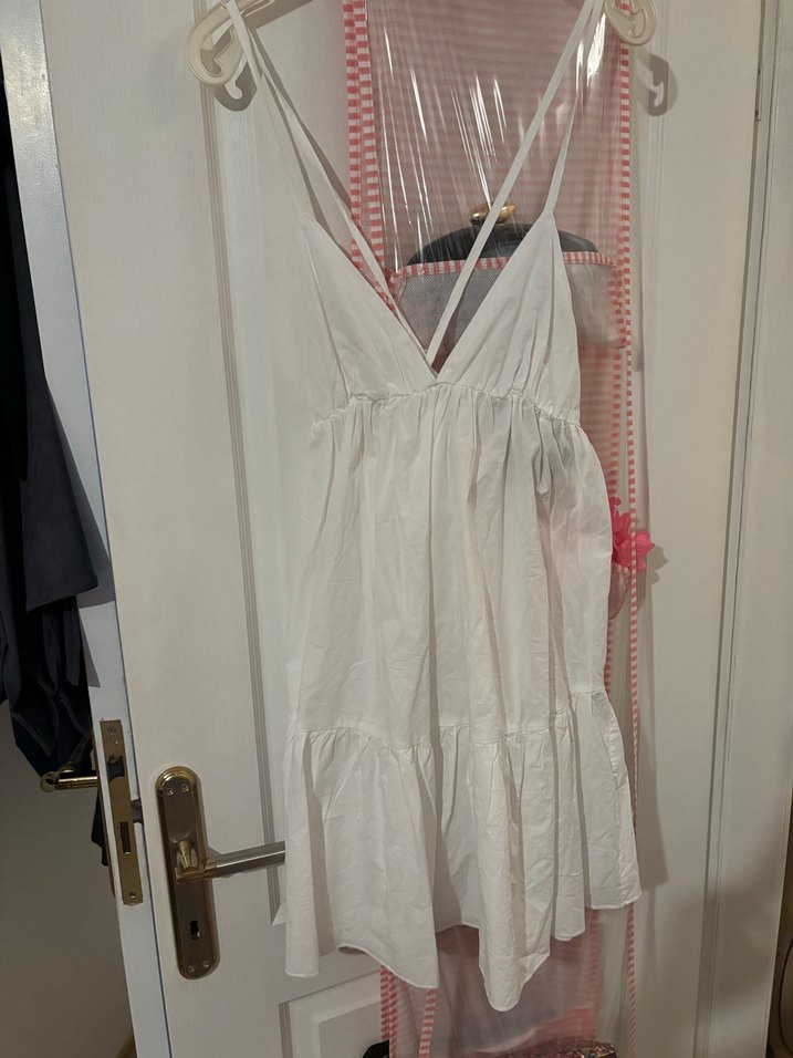 Stradivarius Beyaz Askılı Midi Kot Elbise - Görsel 2