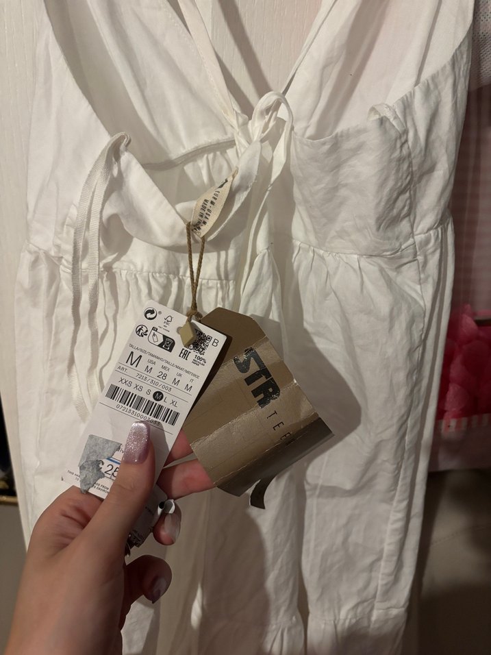 Stradivarius Beyaz Askılı Midi Kot Elbise - Görsel 5