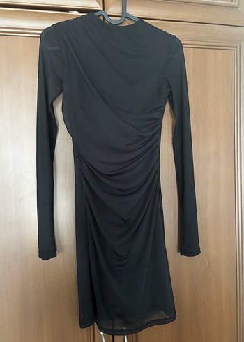Drapeli Siyah Uzun Kollu Kadın Abiye Elbise