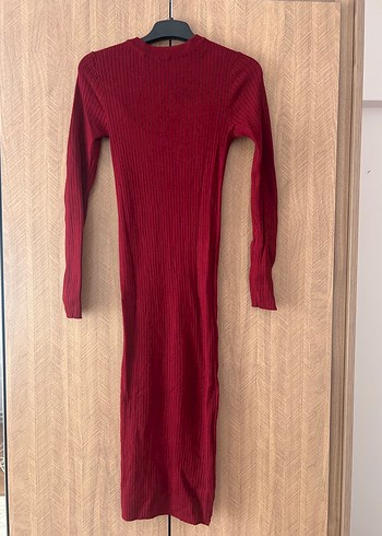 Bordo Uzun Kollu Fit Triko Elbise
