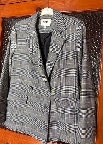 Gri Ekose Düğmeli Kadın Blazer Ceket - Görsel 2