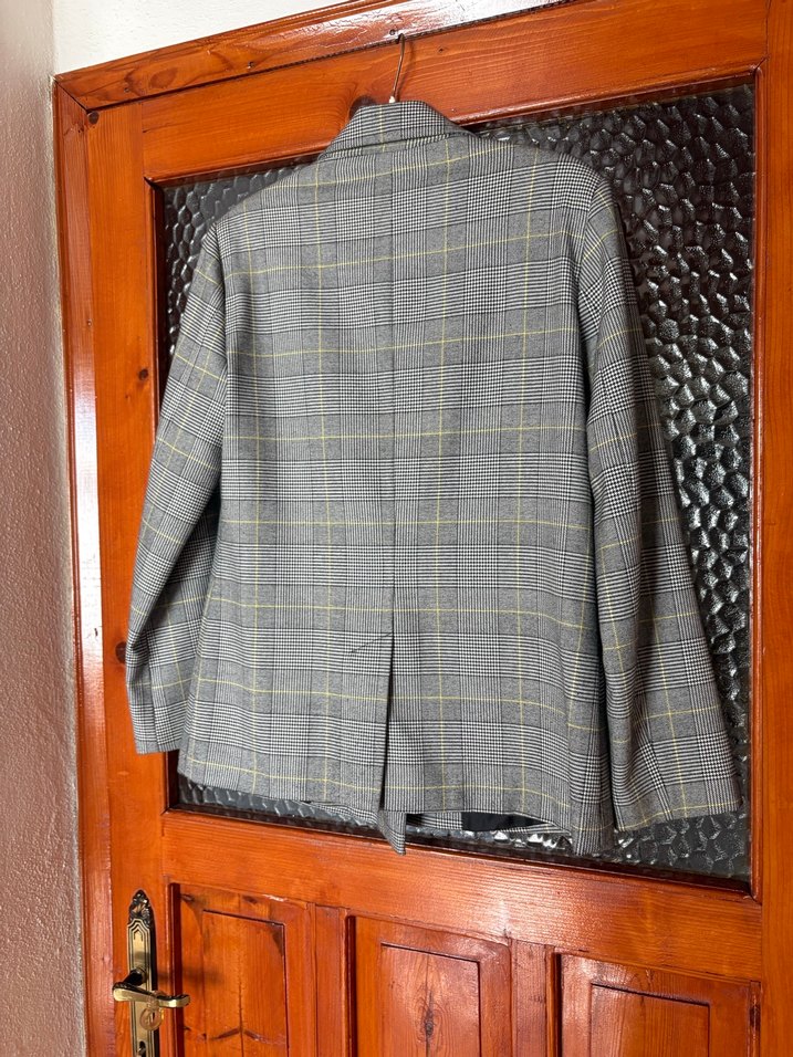 Gri Ekose Düğmeli Kadın Blazer Ceket - Görsel 4