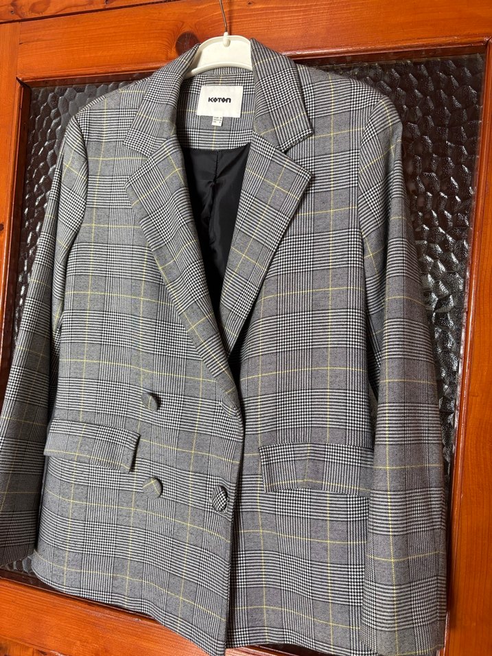 Gri Ekose Düğmeli Kadın Blazer Ceket - Görsel 2