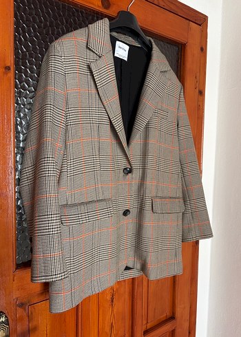 Ekose Desenli Kahverengi Kadın Blazer Ceket - Görsel 2