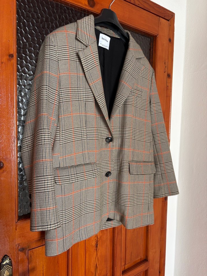 Ekose Desenli Kahverengi Kadın Blazer Ceket - Görsel 2