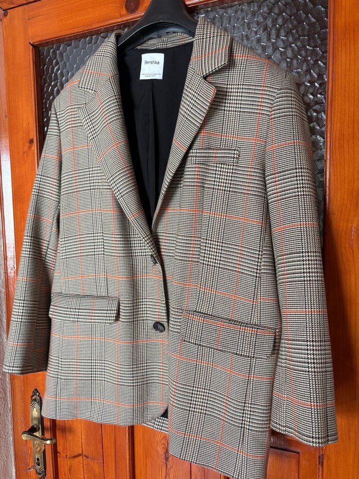 Ekose Desenli Kahverengi Kadın Blazer Ceket - Görsel 3