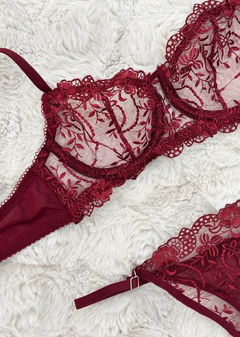 Bordo Nakışlı Bohem Bralet takım 80 beden