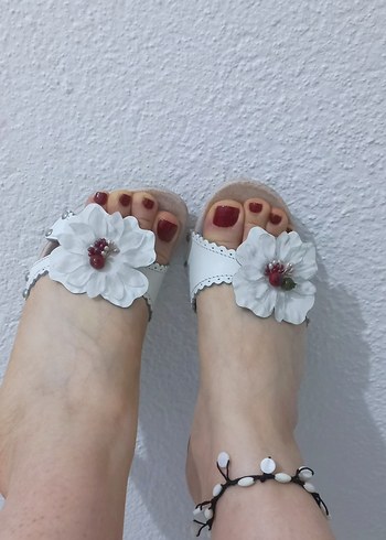 Diğer Beyaz Çiçekli Dantel Detaylı Bohem Stiletto Terlik