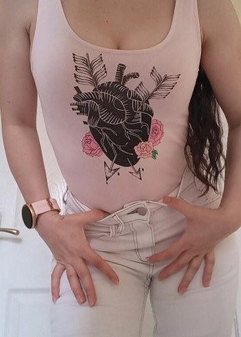 Pembe Baskılı Düğmeli Pamuklu Kadın Atlet