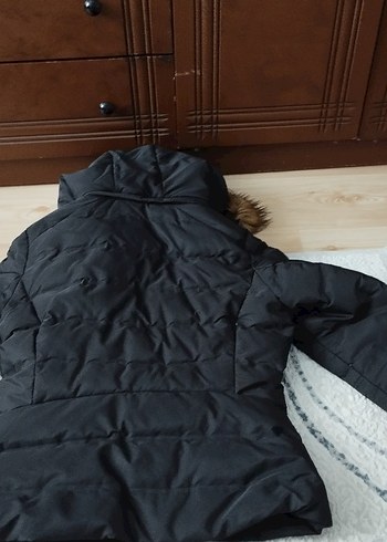 Siyah Kadın Midi Kaban Kürklü Kapüşonlu - Görsel 5