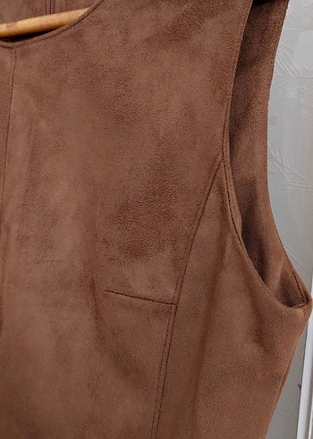 Bej Süet Midi Elbise Kolsuz - Görsel 5