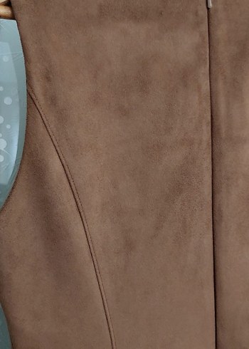 Bej Süet Midi Elbise Kolsuz - Görsel 8