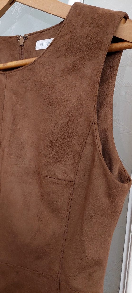 Bej Süet Midi Elbise Kolsuz - Görsel 5