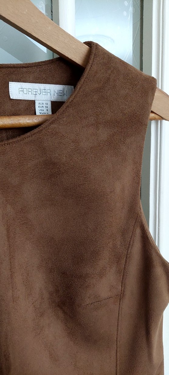 Bej Süet Midi Elbise Kolsuz - Görsel 3