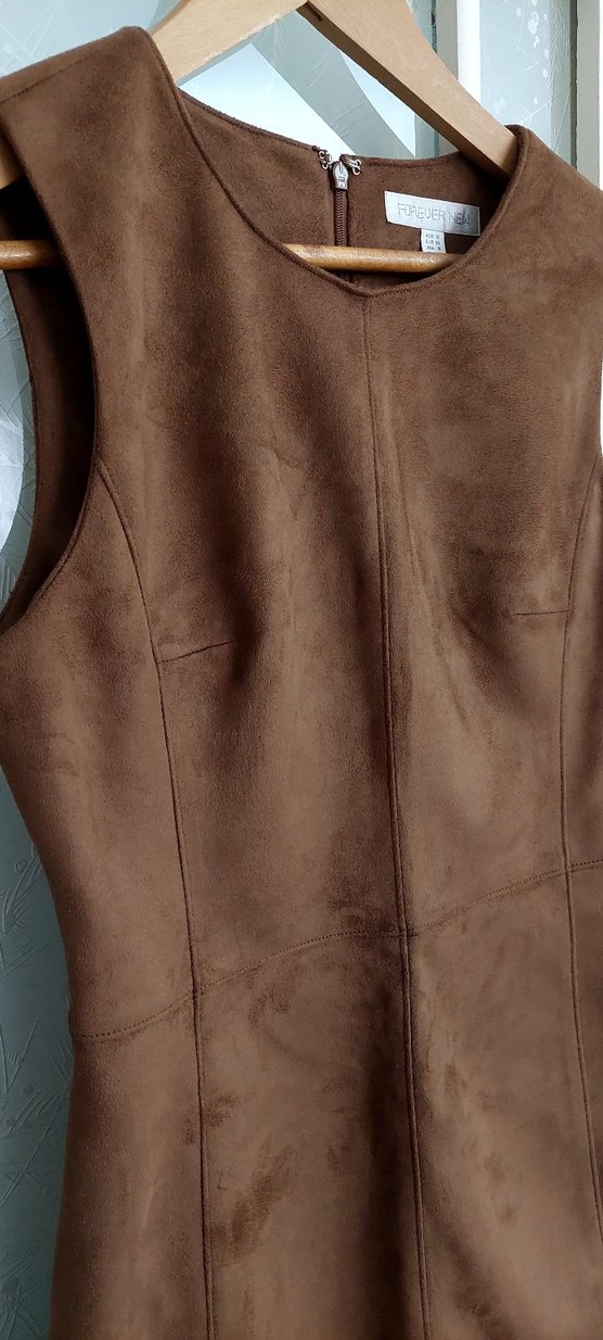 Bej Süet Midi Elbise Kolsuz - Görsel 2