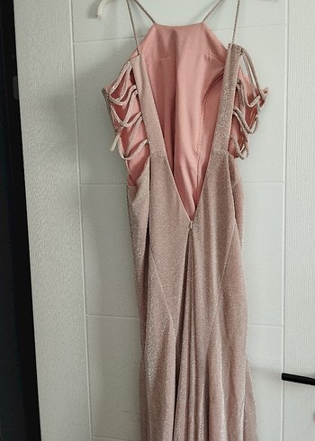 Pudra Drapeli Uzun Abiye Elbise Simli - Görsel 3