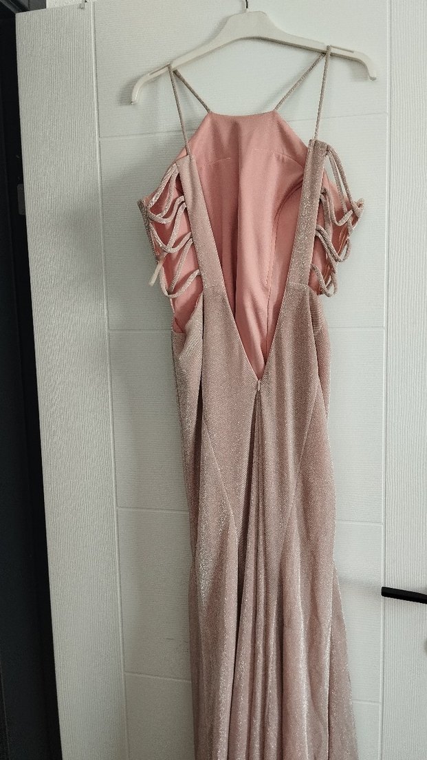 Pudra Drapeli Uzun Abiye Elbise Simli - Görsel 3