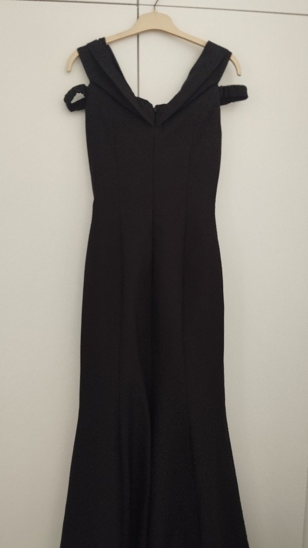 Siyah Uzun Askılı V Yaka Drapeli Abiye Elbise - Görsel 3