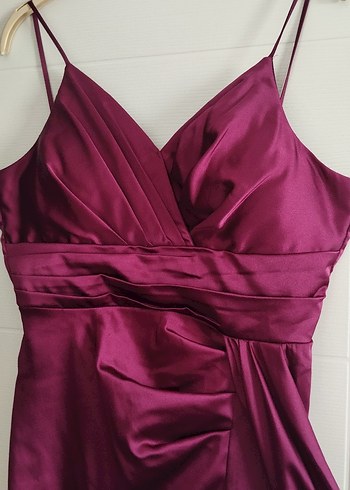 Bordo Uzun Drapeli İnce Askılı Abiye Elbise - Görsel 2