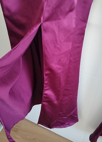 Bordo Uzun Drapeli İnce Askılı Abiye Elbise - Görsel 3