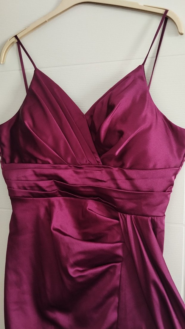 Bordo Uzun Drapeli İnce Askılı Abiye Elbise - Görsel 2