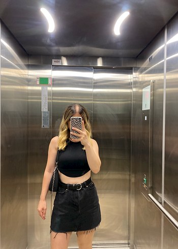 Siyah Bağlama Desenli Denim Mini Etek