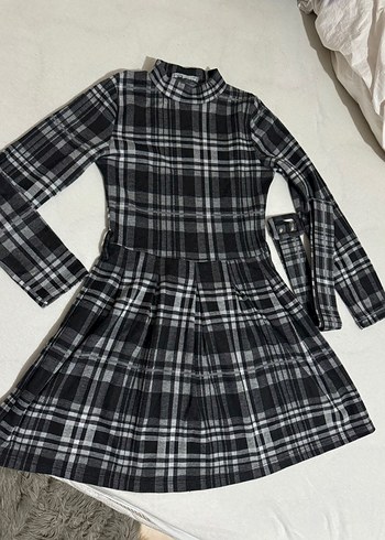 Kemerli Gri Ekose Mini Elbise