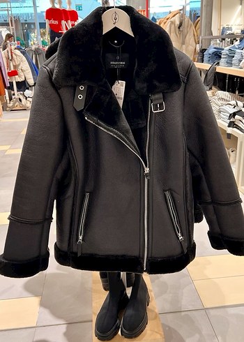 Siyah Kürklü Deri Biker Ceket
