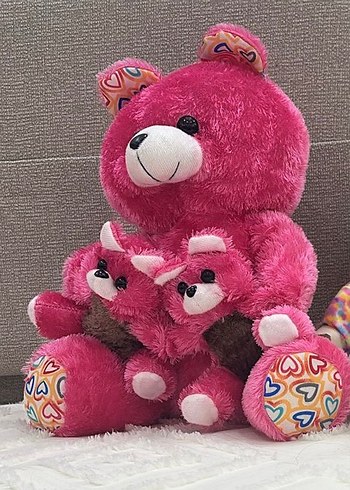 Renkli Kalp Desenli Pembe Peluş Ayı