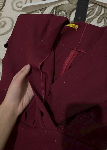 38 Beden Bordo V Yakalı Uzun Drapeli Abiye Elbise
