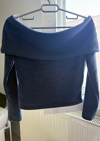 Kadın Mavi Triko Uzun Kollu Kayık Yaka Kazak - Görsel 2